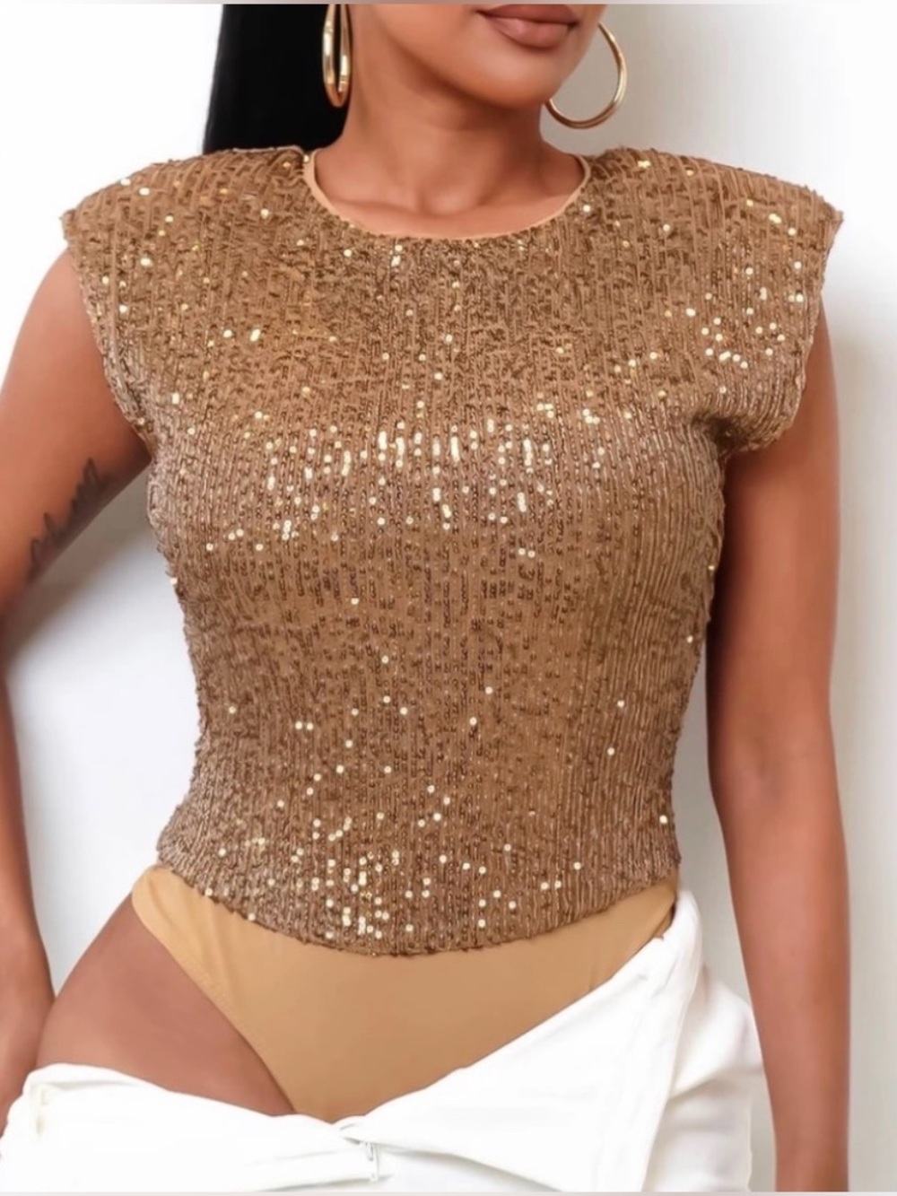 New privy Gold Sequin Cap-Sleeve bodysuit